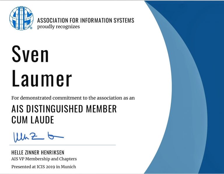Sven Laumer appointed as a Distinguished Member cum Laude of the AIS